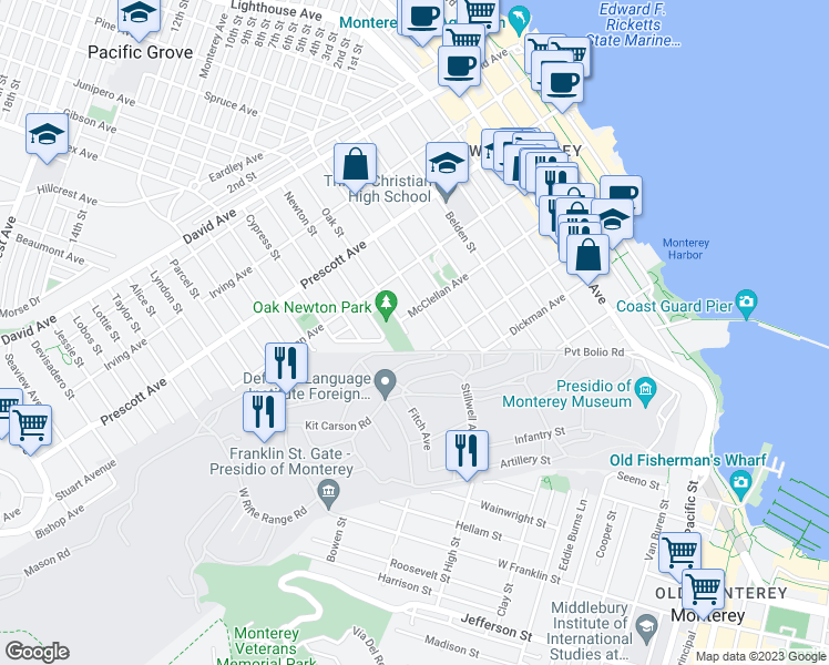 map of restaurants, bars, coffee shops, grocery stores, and more near 470 Oak Street in Monterey