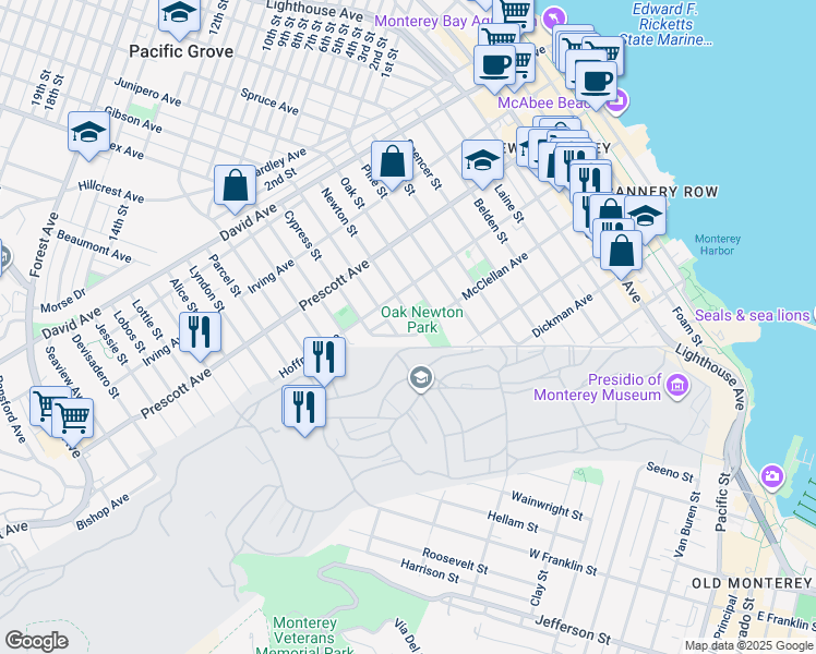 map of restaurants, bars, coffee shops, grocery stores, and more near 401 McClellan Avenue in Monterey