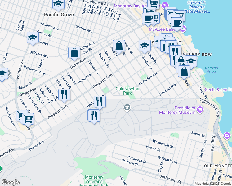 map of restaurants, bars, coffee shops, grocery stores, and more near 401 McClellan Avenue in Monterey