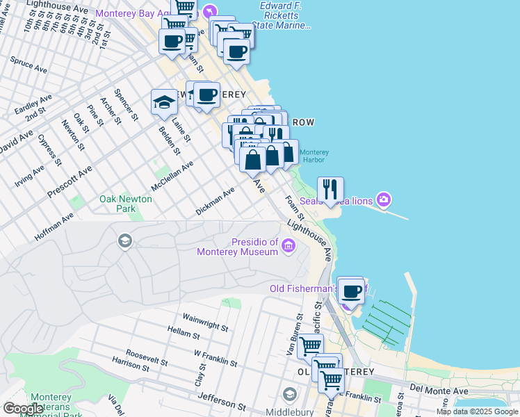 map of restaurants, bars, coffee shops, grocery stores, and more near 180 Hawthorne Street in Monterey