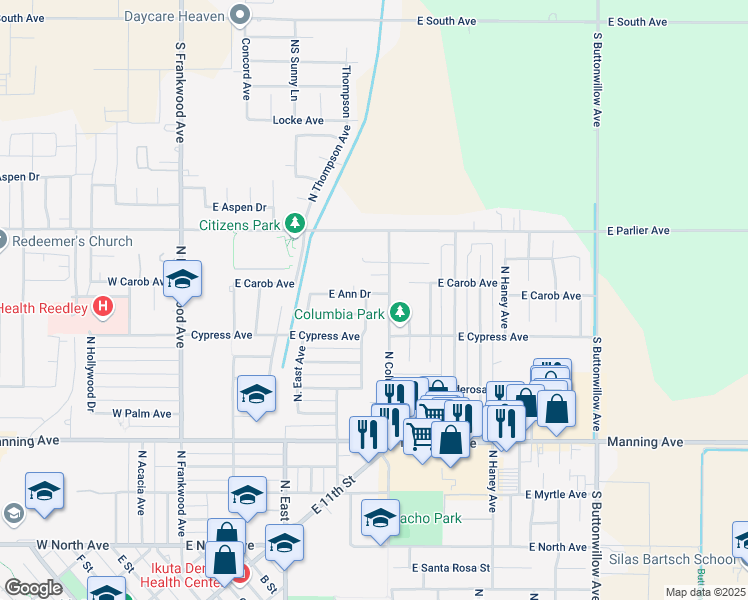 map of restaurants, bars, coffee shops, grocery stores, and more near 1438 North Steven Avenue in Reedley