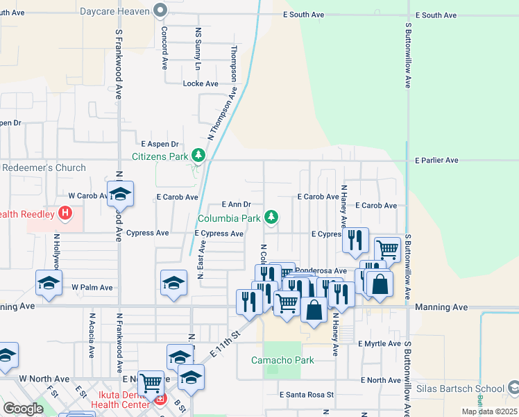 map of restaurants, bars, coffee shops, grocery stores, and more near 1438 North Steven Avenue in Reedley