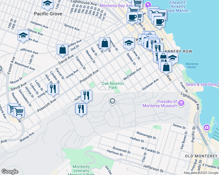 map of restaurants, bars, coffee shops, grocery stores, and more near 1100 McClellan Avenue in Monterey