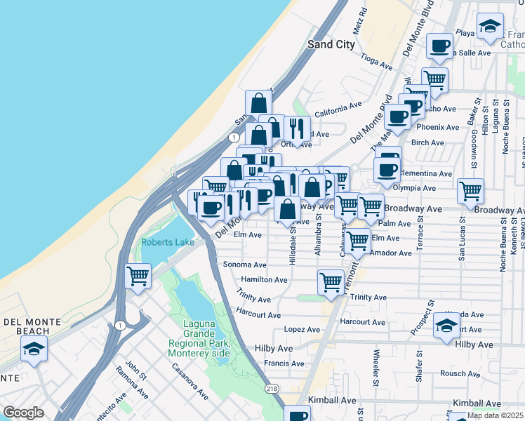 map of restaurants, bars, coffee shops, grocery stores, and more near 490 Broadway Avenue in Seaside