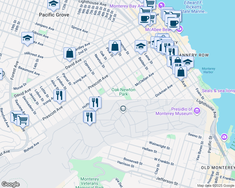 map of restaurants, bars, coffee shops, grocery stores, and more near 401 McClellan Avenue in Monterey