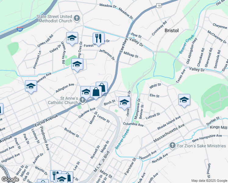 map of restaurants, bars, coffee shops, grocery stores, and more near 49 Euclid Avenue Extension in Bristol