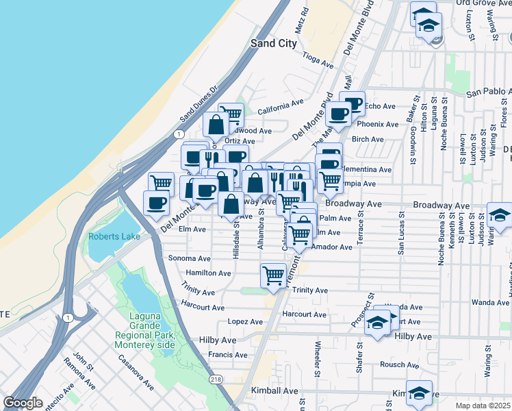 map of restaurants, bars, coffee shops, grocery stores, and more near 680 Broadway Avenue in Seaside