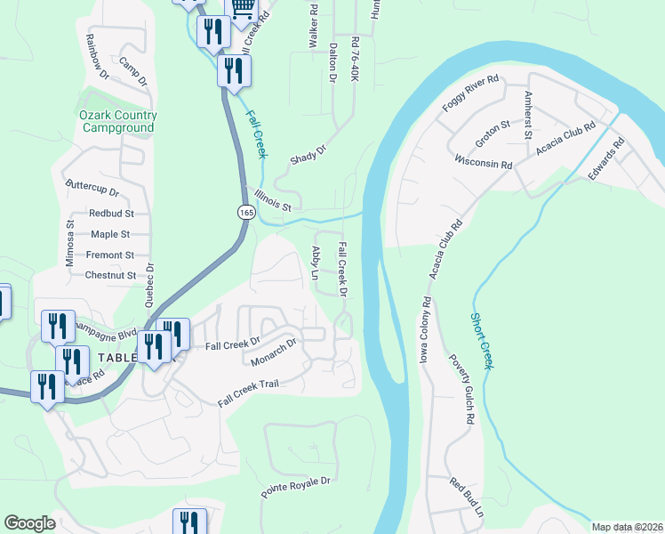 map of restaurants, bars, coffee shops, grocery stores, and more near 550 Abby Lane in Branson