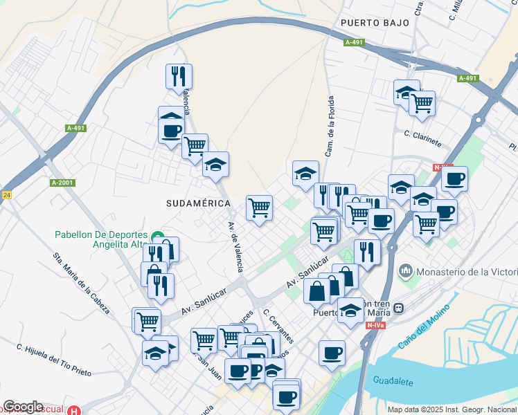 map of restaurants, bars, coffee shops, grocery stores, and more near 7 Calle Valdivia in El Puerto de Santa María