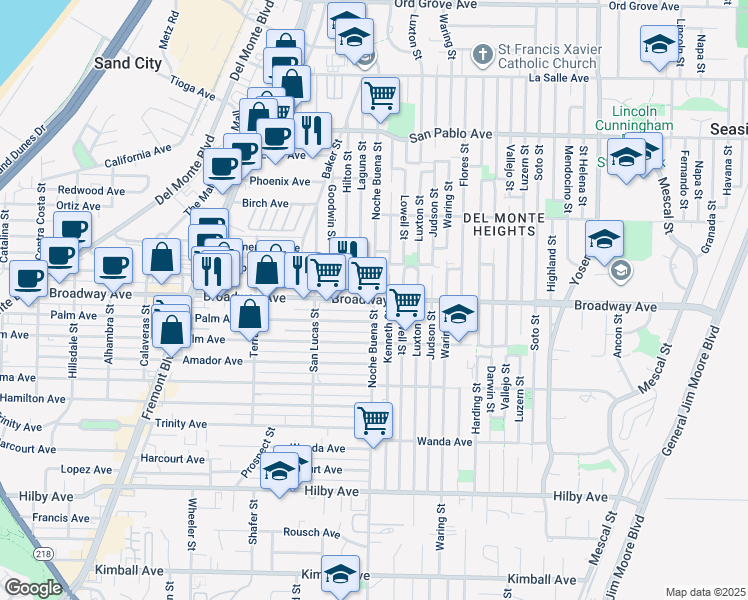 map of restaurants, bars, coffee shops, grocery stores, and more near Broadway Ave & Noche Buena St in Seaside
