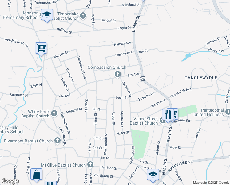 map of restaurants, bars, coffee shops, grocery stores, and more near 1712 Aspen Street in Danville