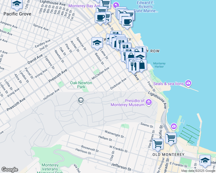 map of restaurants, bars, coffee shops, grocery stores, and more near 361 Spencer Street in Monterey