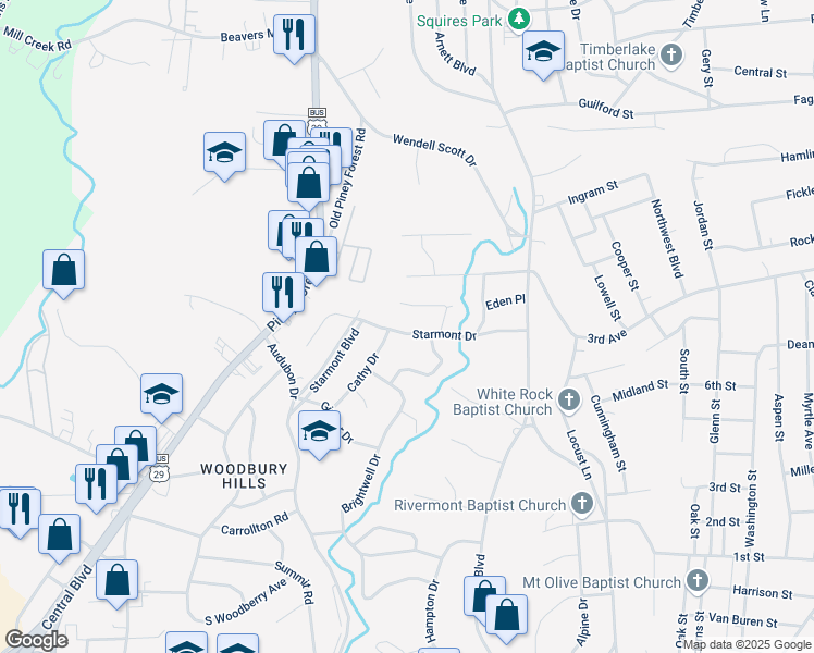 map of restaurants, bars, coffee shops, grocery stores, and more near 330 Starmont Drive in Danville