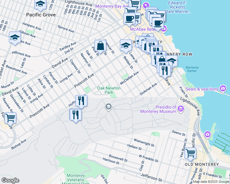 map of restaurants, bars, coffee shops, grocery stores, and more near 470 Oak Street in Monterey