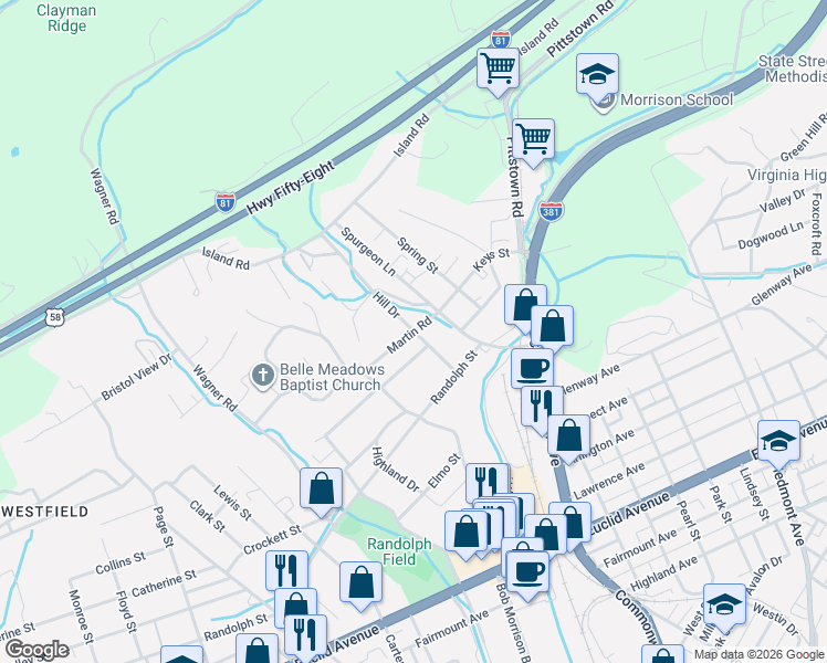 map of restaurants, bars, coffee shops, grocery stores, and more near 200 Martin Road in Bristol