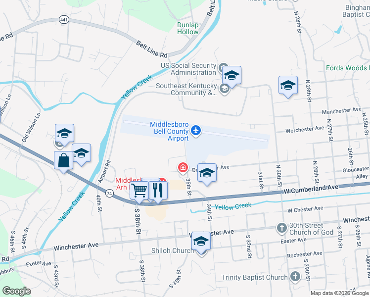 map of restaurants, bars, coffee shops, grocery stores, and more near 1420 Dorchester Avenue in Middlesboro