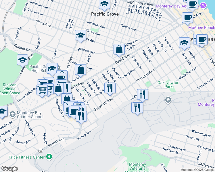 map of restaurants, bars, coffee shops, grocery stores, and more near 801 Alice Street in Monterey