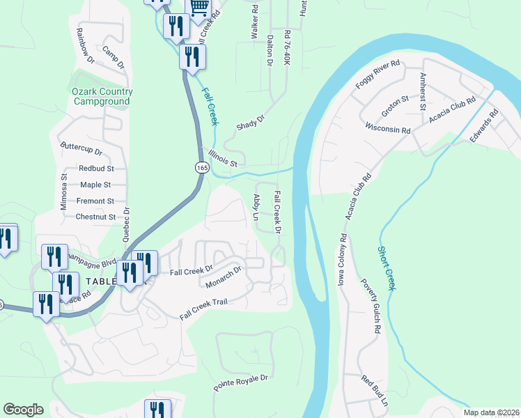 map of restaurants, bars, coffee shops, grocery stores, and more near 610 Abby Lane in Branson