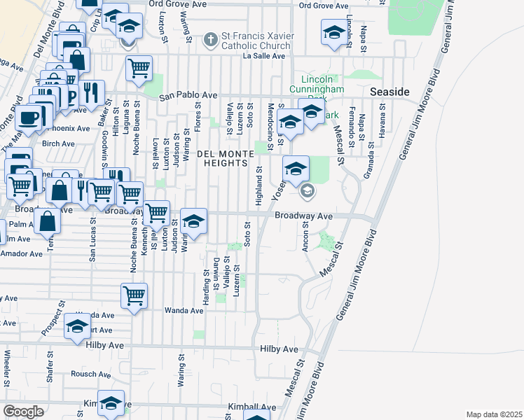 map of restaurants, bars, coffee shops, grocery stores, and more near 1605 Broadway Avenue in Seaside