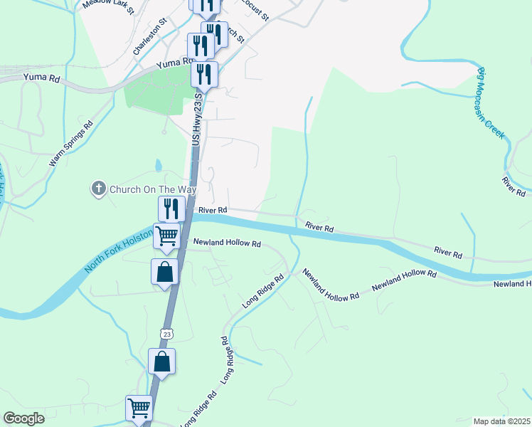 map of restaurants, bars, coffee shops, grocery stores, and more near State Route 614 in Weber City