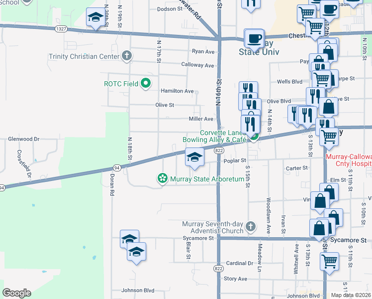 map of restaurants, bars, coffee shops, grocery stores, and more near 111 North Broach Avenue in Murray