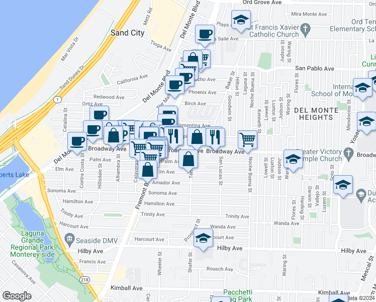 map of restaurants, bars, coffee shops, grocery stores, and more near 1072 Broadway Avenue in Seaside