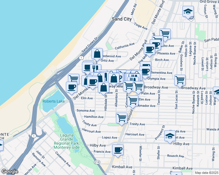 map of restaurants, bars, coffee shops, grocery stores, and more near 680 Broadway Avenue in Seaside