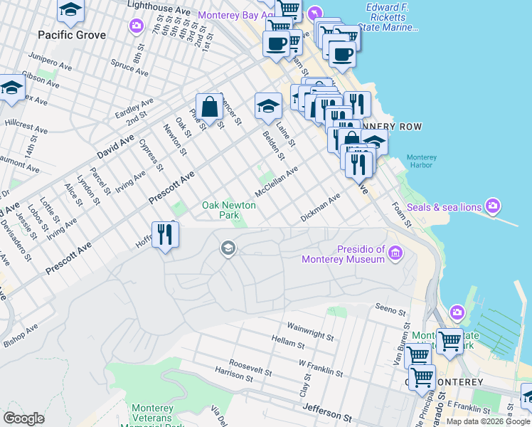 map of restaurants, bars, coffee shops, grocery stores, and more near 414 Pine Street in Monterey