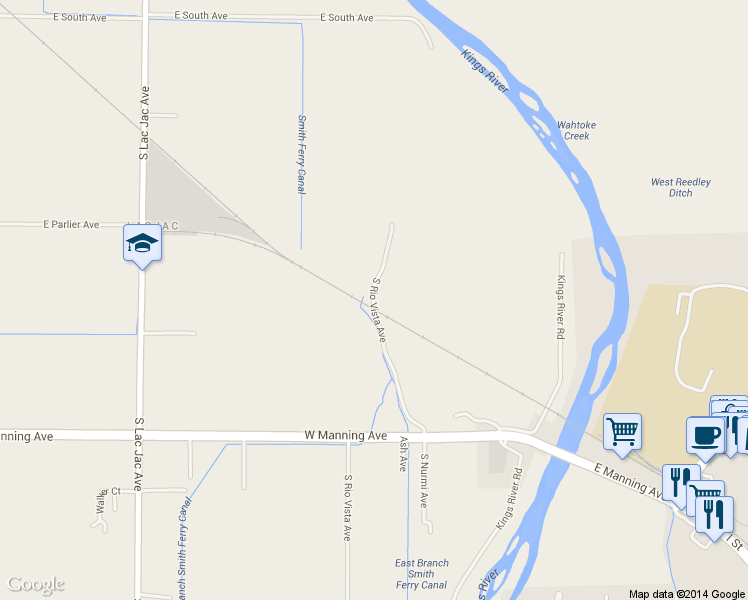 map of restaurants, bars, coffee shops, grocery stores, and more near 8614 S Rio Vista Ave in Reedley
