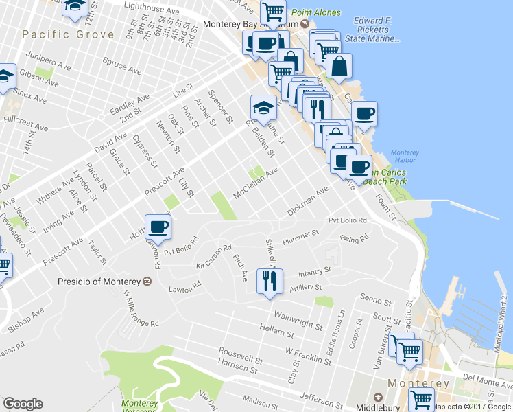 map of restaurants, bars, coffee shops, grocery stores, and more near 414 Pine Street in Monterey