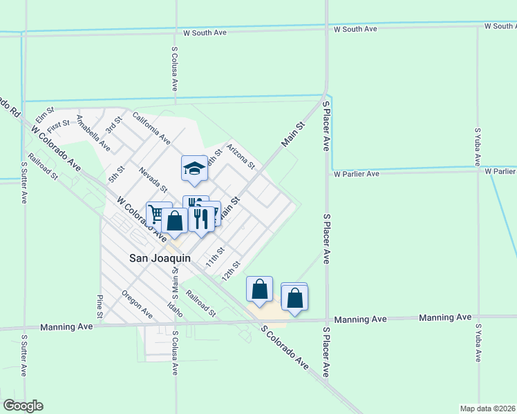 map of restaurants, bars, coffee shops, grocery stores, and more near 21757 Punjab Avenue in San Joaquin