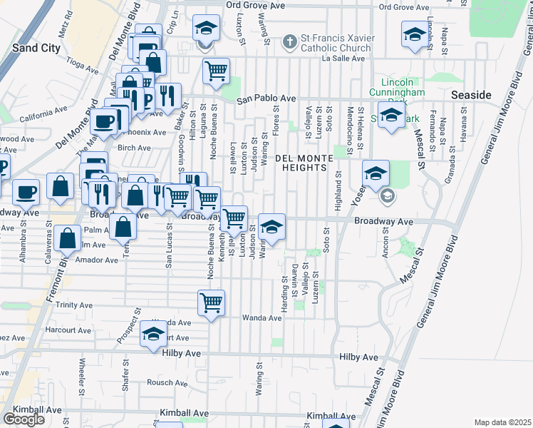 map of restaurants, bars, coffee shops, grocery stores, and more near 1600 Waring Street in Seaside