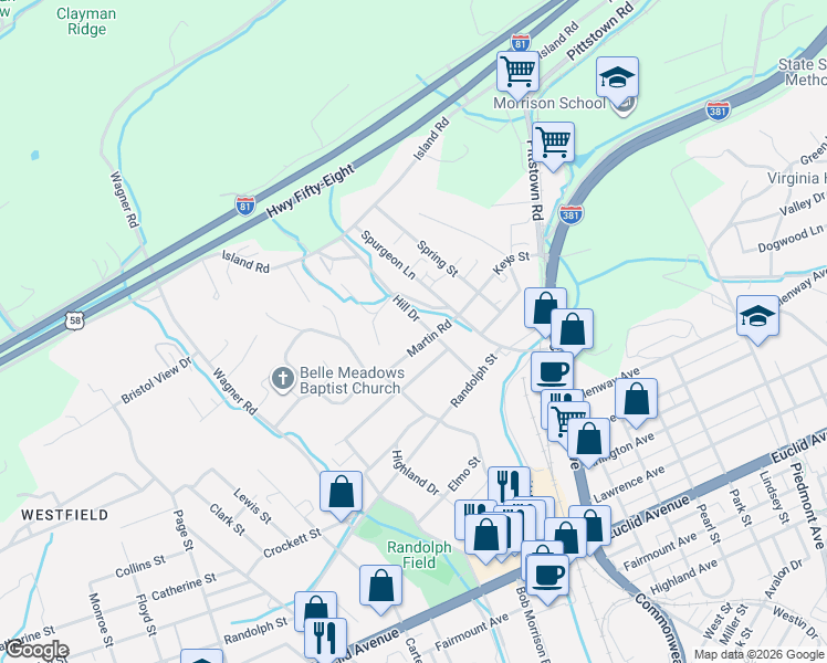 map of restaurants, bars, coffee shops, grocery stores, and more near 200-232 Martin Road in Bristol