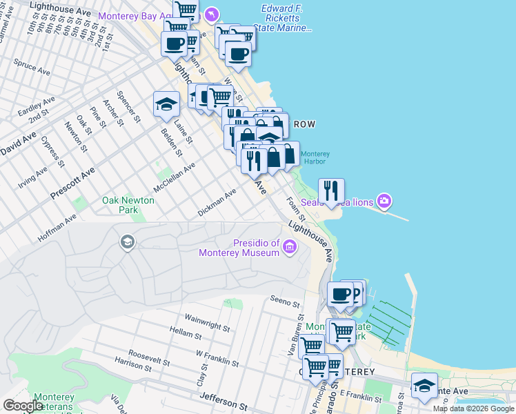 map of restaurants, bars, coffee shops, grocery stores, and more near 198 Hawthorne Street in Monterey