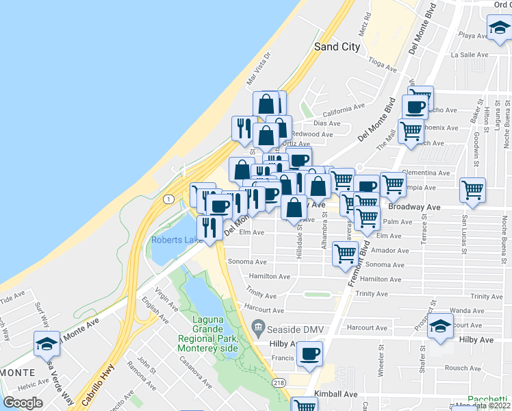 map of restaurants, bars, coffee shops, grocery stores, and more near 1579 Del Monte Boulevard in Seaside