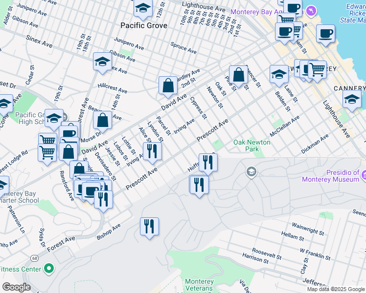 map of restaurants, bars, coffee shops, grocery stores, and more near 1694 Prescott Avenue in Monterey