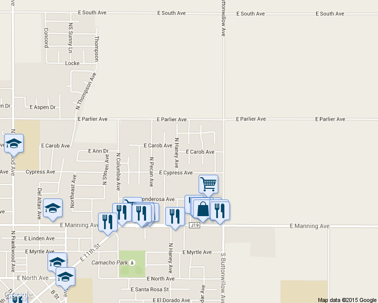 map of restaurants, bars, coffee shops, grocery stores, and more near E Carob Ave & N Kady Dr in Reedley
