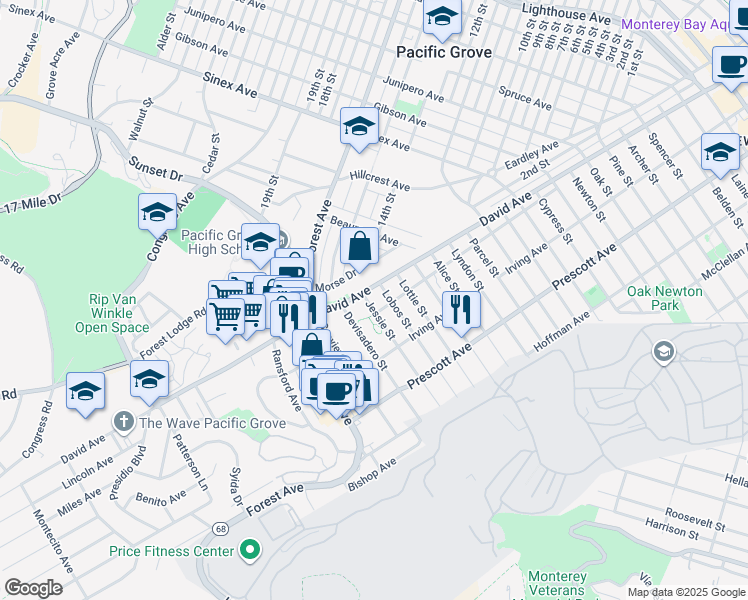 map of restaurants, bars, coffee shops, grocery stores, and more near 888 Jessie Street in Monterey