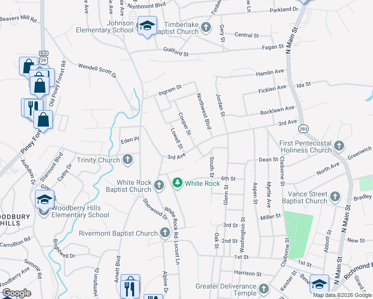 map of restaurants, bars, coffee shops, grocery stores, and more near 100 Lowell Street in Danville