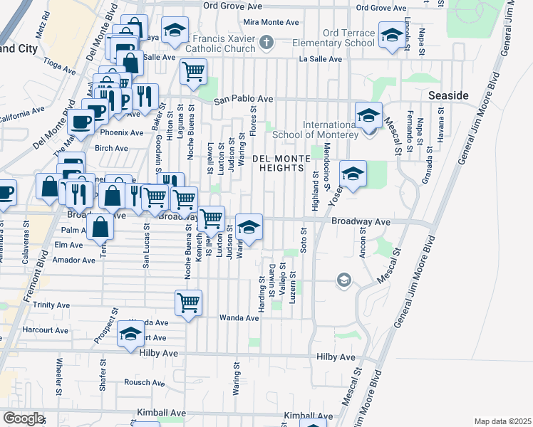 map of restaurants, bars, coffee shops, grocery stores, and more near 1602 Harding Street in Seaside