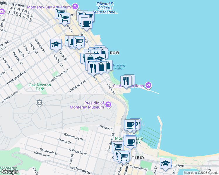 map of restaurants, bars, coffee shops, grocery stores, and more near 100 Lighthouse Avenue in Monterey