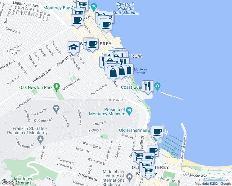 map of restaurants, bars, coffee shops, grocery stores, and more near 198 Hawthorne Street in Monterey