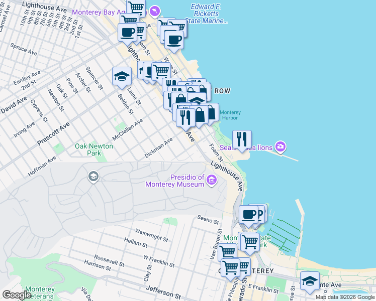map of restaurants, bars, coffee shops, grocery stores, and more near 198 Hawthorne Street in Monterey