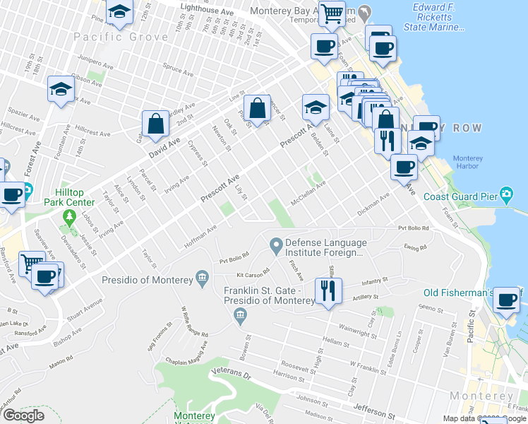 map of restaurants, bars, coffee shops, grocery stores, and more near 401 McClellan Avenue in Monterey