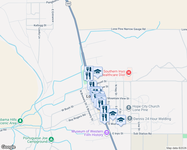 map of restaurants, bars, coffee shops, grocery stores, and more near 223 East Locust Street in Lone Pine