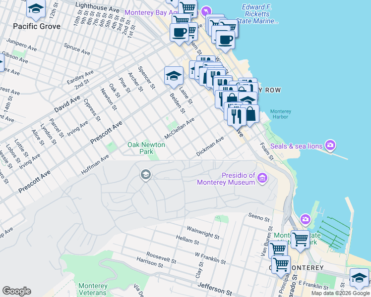 map of restaurants, bars, coffee shops, grocery stores, and more near 360 Archer Street in Monterey