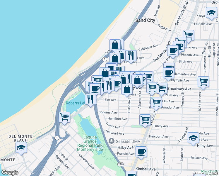 map of restaurants, bars, coffee shops, grocery stores, and more near 1579 Del Monte Boulevard in Seaside