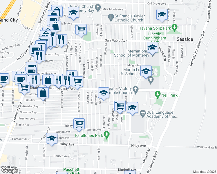 map of restaurants, bars, coffee shops, grocery stores, and more near 1601 Harding Street in Seaside