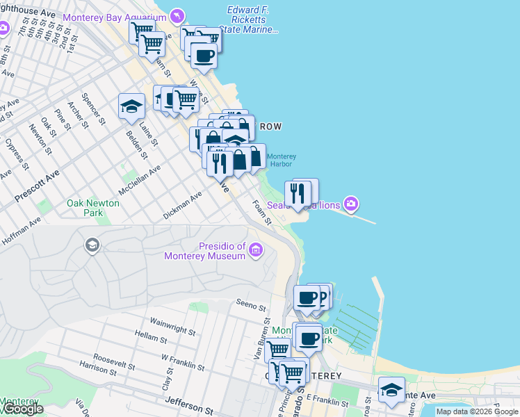 map of restaurants, bars, coffee shops, grocery stores, and more near 100 Lighthouse Avenue in Monterey