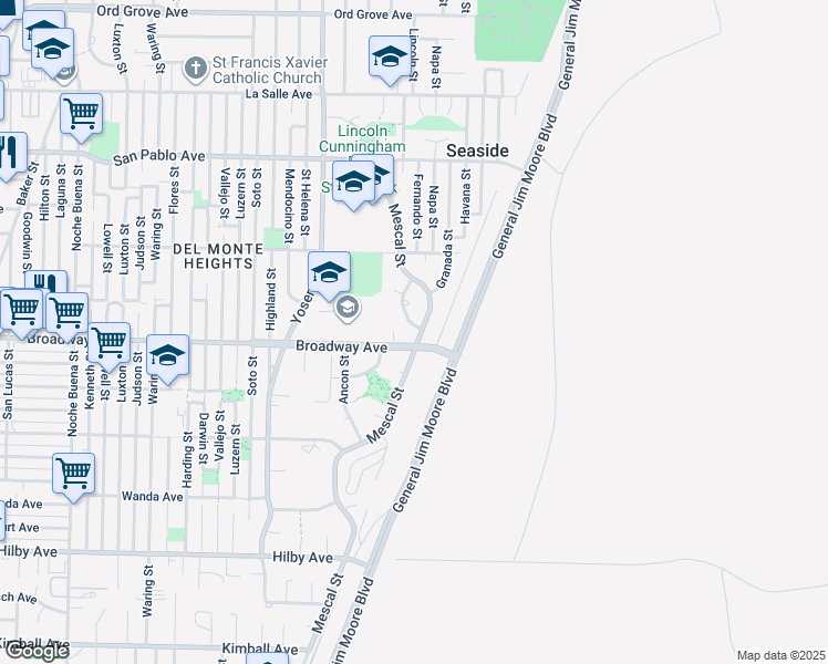 map of restaurants, bars, coffee shops, grocery stores, and more near 1605 Marietta Street in Seaside